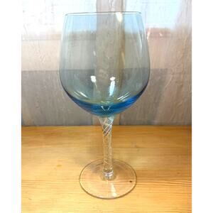 Blue Ombre Wine Glass Twisted Stem Art Glass Goblet 8.5” Hand Blown Style